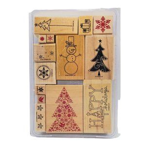 Stampin Up! Christmas 14 pc Wood Mounted Stamp Set Holiday Plastic Case